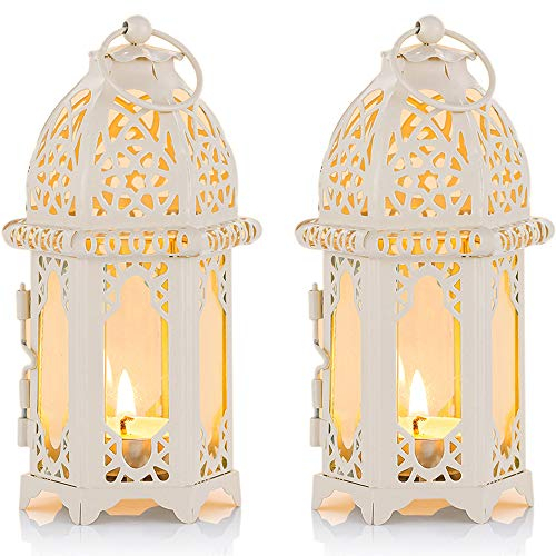 NUPTIO Ramadan Deko Laterne Dekoration - Islam Deko Eid Mubarak Dekoration Ramadan Tischdeko Set Ramadan Mubarak Metall Glas Kleine Teelichthalter Kerze Laternen 2 Stück Weiß فانوس رمضان زينة رمضان