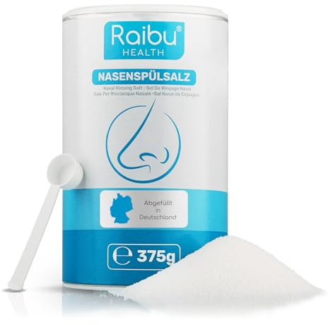 Raibu Nasenspülsalz für Nasendusche, 375g in nachhaltiger XXL Dose inkl. Dosierlöffel, Veganes Nasensalz, Deutsche Produktion, Salz für Nasenspülung, 150 Portionen