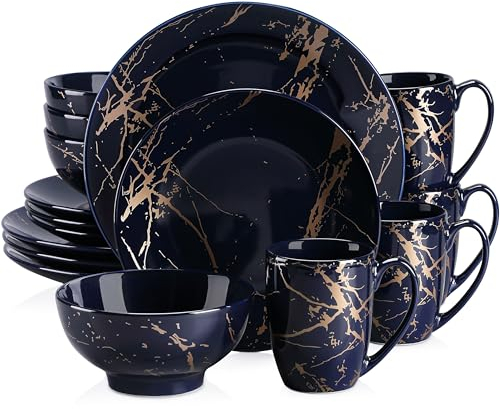 LOVECASA 'Daphne', 16 Pieces Porcelain Dinner Set Color Glaze with Gold Plate Crockery Set Kitchen Dinnerware Set with Dinner Plates, Dessert Plate, Bowls and Mugs, Service for 4, Blue