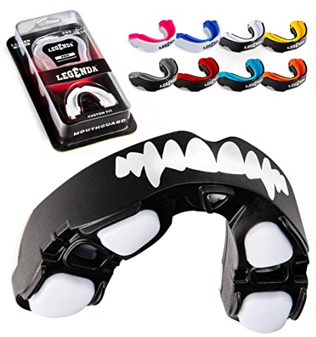 Legenda Mouth Guard Sports w/Case, Professional Mouthguard for Boxing, Muay Thai, MMA, Wrestling, Lacrosse and High Contact Sports, Fits Adults, Youth, and Kids 11+ (Black/White Fangs)