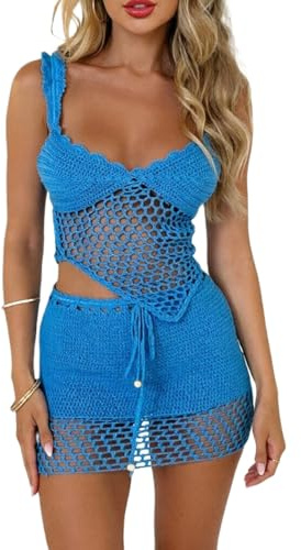 Sunloudy Women 2Pcs Crochet Knit Skirt Set Tube Crop Top + High Waist Bodycon Skirt Cover Up Beachwear(Blue,Small)