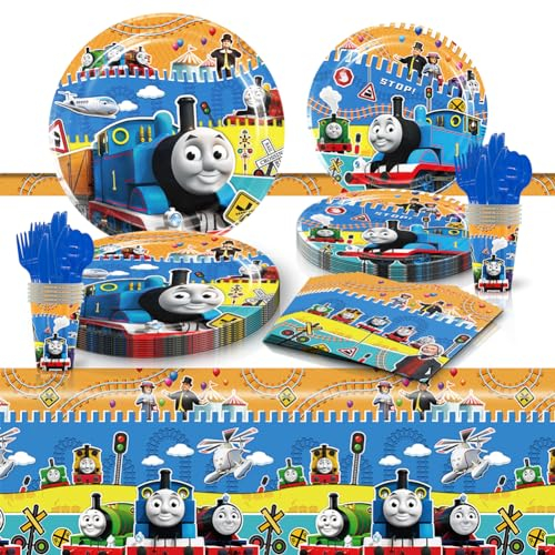 SWZY 81PCS Train Party Tableware Set,Thomas Friends Tableware Supplies, Transportation Theme Birthday Party Decorations Including Plates Paper Cups Paper Napkins Tablecloths for Serves 10