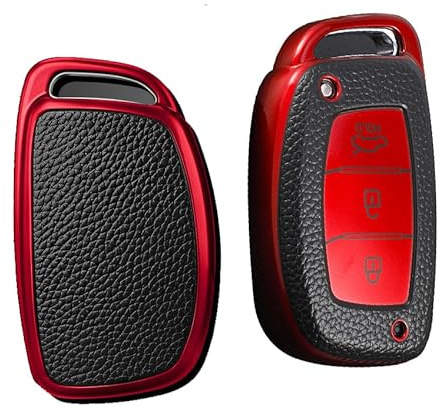 KUNIO Keyless Schlüsselhülle Passt für Hyundai Kona i10 i30 i20 ioniq Hybrid Tucson Santa Fe ix35 Mistra Schutzhülle TPU Leder-Textur Schlüsselgehäuse Schlüsselcover 3 Tasten C Rot