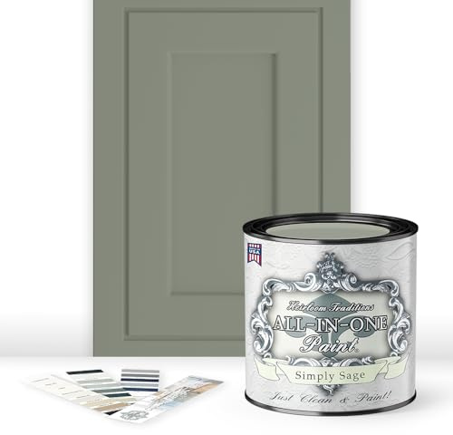 Heirloom Traditions ALL-IN-ONE Paint, Simply Sage (gray green), Quart - Durable cabinet and furniture paint. Built in primer and top coat, no sanding needed. Includes our 30 featured color card.