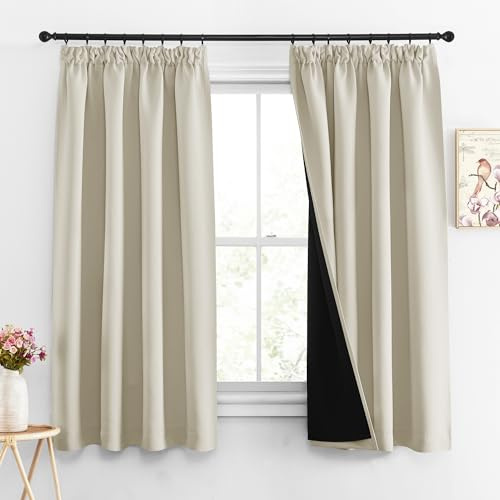 PONY DANCE Rideaux Occultants 100% - Rideau Phonique Réducteur de Bruit Isolation Thermique Anti UV Draperies Galon Fronceur pour Chambre Maison, Beige Clair, L 140 x H 160 cm, 2 PCs