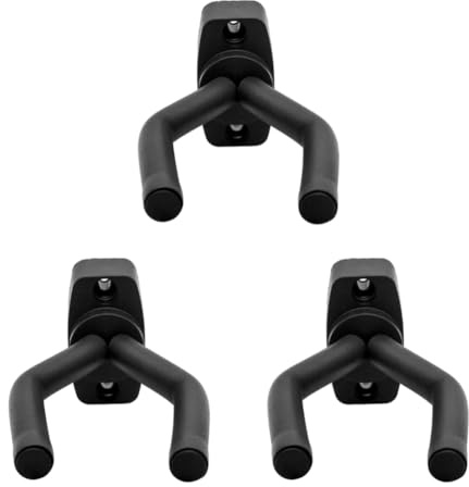 Fiorky 3Set Guitar Wall Mount Hanger, Holder for Acoustic Guitar, Bass, Mandolin, Ukulele - Black Metal + Sponge, Modern Style, Wall Mount, 3 Hooks, 75g - 3kg Weight Capacity