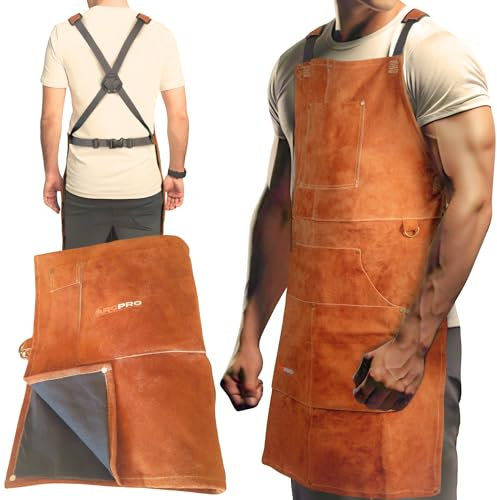 ARCPRO Delantal de soldadura de cuero más grueso para hombres y mujeres, delantal de trabajo de cuero vacuno dividido suave y resistente, 6 bolsillos para herramientas, delantal de herrero, delantal