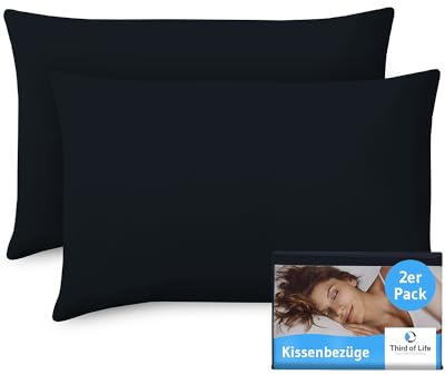Kissenbezug 40x60 Schwarz, 2-er Set Kissenbezüge, Premium Mako-Baumwolle, Kopfkissen-Bezug für 40x60cm Kissen, Kissenhüllen für Seitenschläferkissen/Kinder-Kissen, Oeko-TEX Zertifiziert