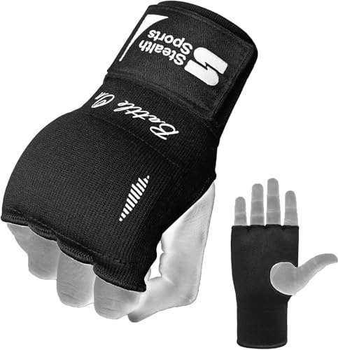 Stealth Sports Gel Sottoguanti da boxe Uomo Donna Junior Bambini Guanti interni 75 cm Cinturini da polso elastici lunghi Involucri da boxe in gel rapidi Pugni MMA Arti marziali Muay Thai (Nero, XS)