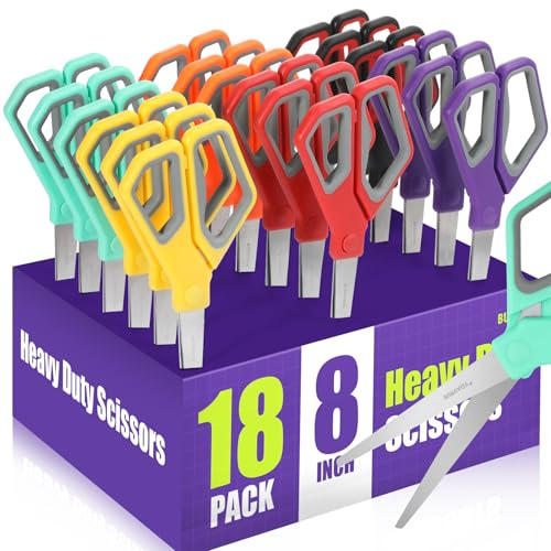 BURVAGY 18Pack 8 Scissors All Purpose, Heavy Duty Scissors with Ultra Sharp Blades Comfort Grip Handles - For Office Home School Sewing Fabric Crafts, High/Middle School Student Teacher Scissor