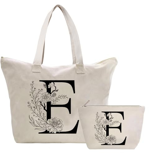 Toozen Personalizadas Bolso Tote de Mujer con Inicial, Bolsa de lona con Bolsillo Interior, Bolsa de Compras con Bolso de Cosméticos, Regalos para Damas Mejor Amigas Mamá, Regalo Cumpleaños Navidad E