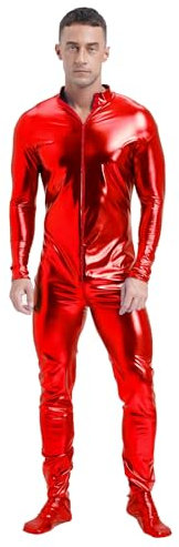 iEFiEL Herren Overall Metallic Ganzkörperanzug Langarm Body Silber Kostüm Sportlich Bodysuit Einteiler Gymnastikanzug Rot L