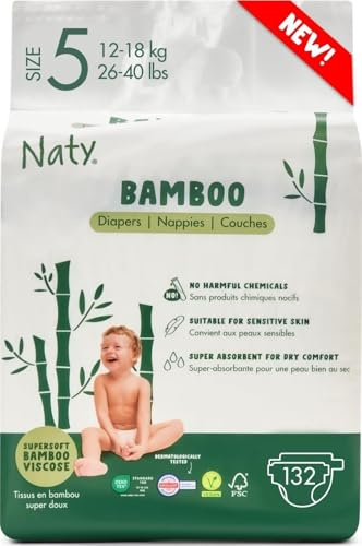 Naty Bamboo bambuviskosblöja – Silkeslen, växtbaserade blöjor, dermatologiskt testade för känslig hud och superabsorberande (Storlek 5, 132 antal)