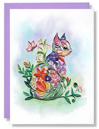MeeSunnie Mother Day Card, Cute Cat, Flower Birthday Quilling Card for All Occasions, Watercolor Classy Cards for Mom, Women, Wife, Daughter (Cat Flowers)
