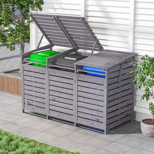 Warmiehomy 3 Wheelie Bin Storage 3 x 240L Wooden Bin Storage for Wheelie Bins, Wooden Recycling Bins Store Outdoor, 1 CM Thick Wood Board, 198 x 86 x 122.5 CM, Grey