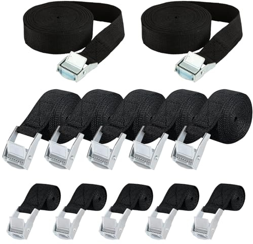 12 piezas/3 tamaños Correas tensoras negras con trinquete, juego de cintas de sujeción con cerradura de apriete para equipaje, fijaciones de bicicletas, correas de sujeción con cerradura de apriete