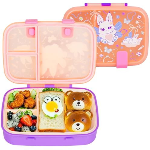 PinkSheep Bento lunchlådor för barn, 800 ml BPA-fria läckagesäkra barnmatbehållare med 3 fack (kanin)