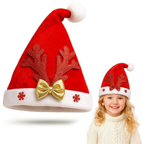 ANGIX 1pc Santa Christmas Hat with Glitter Antlers & Gold Bow - Unisex Soft Plush Red Velvet Santa Costume Xmas New Year Party Hats, Christmas Hat for Adults & Kids - Festive Holiday Accessory
