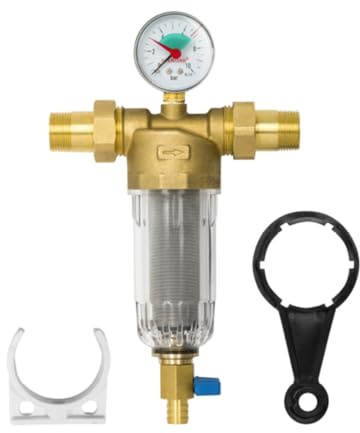 pokm toolsmarket - 3/4 Rückspülfilter mit Manometer, Messinggehäuse, Ausspülbarer Wasserfilter mit Rückspülung Wiederverwendbar Selbstreinigend