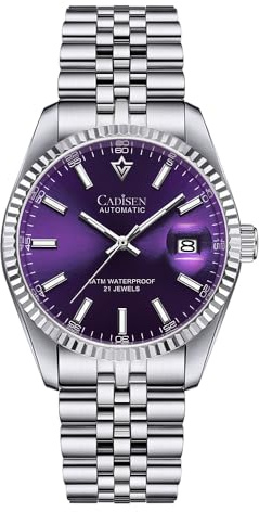 CADISEN Orologio automatico da uomo, elegante, casual, con vetro zaffiro e calendario, cinturino in acciaio inox, impermeabile