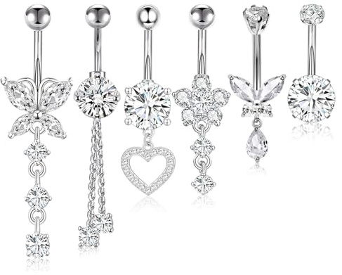 Dermalyx Set Di 6 Piercing Ombelicale, Anello Ombelicale Pendente In Acciaio Chirurgico 14G Argento, Design Cuore Fiore Farfalla, Piercing Addominale Dorato Per Donne