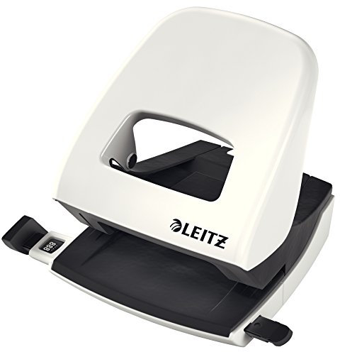 Leitz Büro Locher aus Metall, Für 30 Blatt, Anschlagschiene mit Formatvorgaben, Ergonomisches Design, Weiß, WOW-Serie, 50082001