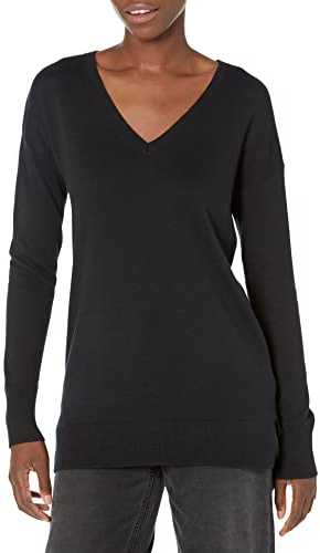 Amazon Essentials Women's Regular Fit Lightweight Long-Sleeved V-Neck Tunic Jumper (Available in Plus Size), Black, XXL