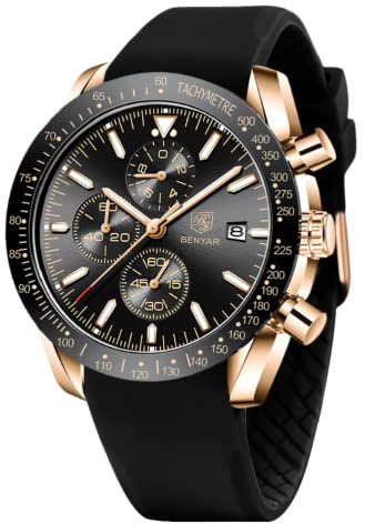 BENYAR Watch for Men Analog Quartz Chronograph Waterproof Luminous Designer Big Face Mens Wrist Watches Business Sport Casual Dress Elegant Gifts for Men,Gold Black