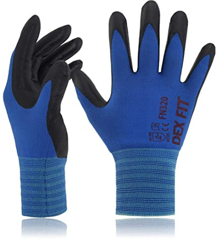 DEX FIT FN320 Precision Grip Work Gloves, 3D-Comfort Fit, Ultra Stretch Nylon Gloves, Lightweight & Flexible for Warehouse Handling, Assembly, Delivery, and Gardening, Blue, L, 3 Pairs