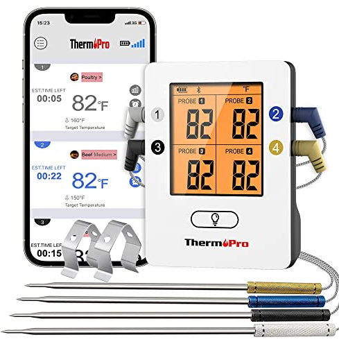ThermoPro TP25 650FT Wireless Meat Thermometer with 4 Probes, Bluetooth Meat Thermometer for Cooking, BBQ Oven Food Smoker Thermometer Rechargeable