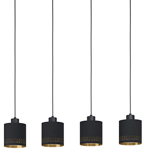 EGLO Pendelleuchte Esteperra, 4 flammige Hängelampe Vintage, Retro, Hängeleuchte aus Stahl und Textil in Schwarz, Gold, Esstischlampe, Wohnzimmerlampe hängend mit E27 Fassung, L 94 cm