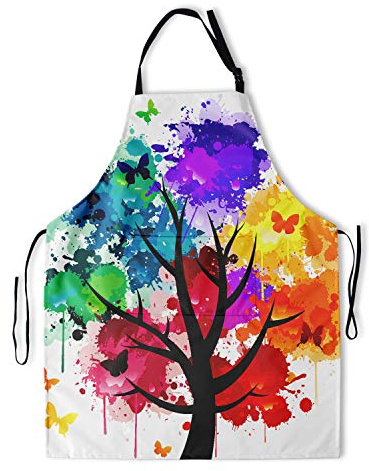 Granbey Artist Painting Apron with 2 Pockets Painters Waterproof Colorful Tree Art Aprons Gifts for Artists Women Men Adults Rainbow Butterfly Kitchen Bibs Smocks for Home Garden