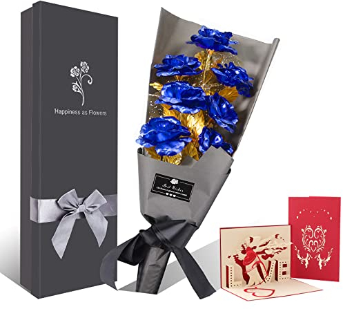 Fontee Blau Rose Blumenstrauß, 6 Stück Handgefertigt Goldfolie Künstlicher Rosenstrauß - mit Geschenkbox für Frau Freundin/Muttertag/Geburtstag/Hochzeitstag/Jahrestag Künstliche Rose (Blau)