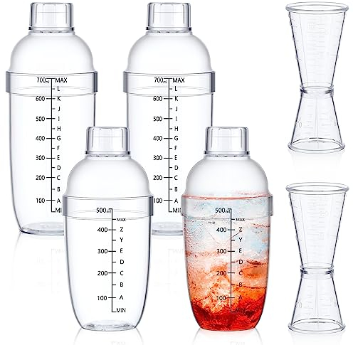 Uiifan 6 Pcs Plastic Cocktail Shaker Set 4 Pcs 17 oz 24 oz Hand Drink Mixer and 2 Ounce Cup with Measurements Mixing Tool for Bar Party Tea Coffee Milk