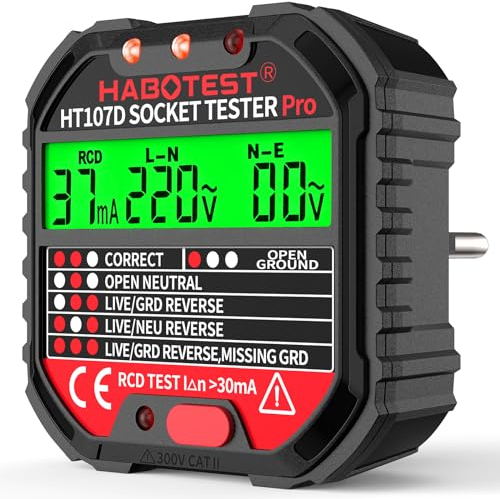 Tester de Prese, Tester per Circuiti Elettrici con Test RCD e Display LCD, Rilevatore Cavi Elettrici 6 tipi di Diagnosi dei Guasti, Visualizzazione tensione 90-250 V/CAT.II 300V (EU Plug)