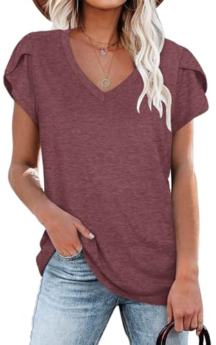 NARRAME t-Shirts pour Femmes, Manches Courtes d'été, Hauts à col en v pour Femmes Uni Bordeaux Grand L 42-44