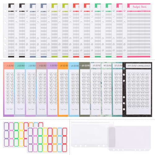 GOTFUN Budget Planner Deutsche A6 Nachfüllpapier (38er Set), Budget Planner Deutsch Zubehör, Sparchallenge Budgetplaner enthält Sparchallenges, Budgetblätter Deutsch, Binder Taschen, Label Aufkleber
