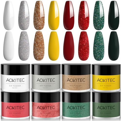 Aokitec Dipping Powder, Adventskalender 2025 Frauen, 8 Christmas Colours Dip Acrylpulver Rot Glitzer Grün Nagelpulver Dip Nails System für Weihnachten, Weihnachtskalender 2025