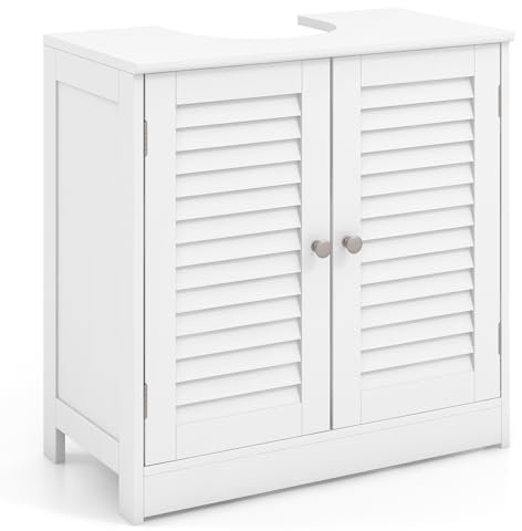 COSTWAY Meuble sous Lavabo, Meuble de Salle de Bain avec Placard à 2 Portes à Persiennes, Œillet L24 x P20 cm, Meuble sous Vasque, Meuble sous Evier Économiseur d'Espace, Blanc