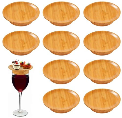 Lot de 10 sur-verres à vin en bois – Bambou Wine Glass Charcuterie, Surmatelas de planche en bois rond, assiettes à apéritif, assiettes à vin, pour assiettes à apéritif, fêtes, desserts