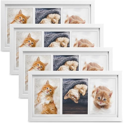 bomoe 4x Bilderrahmen Collage für 3 Fotos 10x15 cm – Fotorahmen Collage aus Holz, Kunststoffglas, Metall-Aufhängung & Passepartout Multirahmen für Bilderrahmen Set – Bilderrahmen 10x15 Weiß Galeria