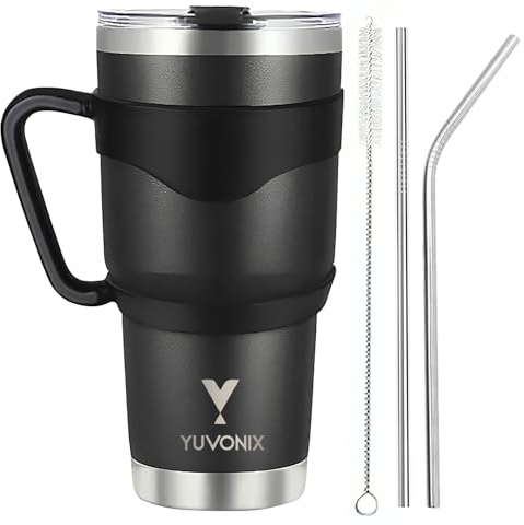 YUVONIX Stainless Steel Tumbler with Handle & Straw – 30oz Double Wall Insulated Travel Cup, Splash-Resistant Lid, BPA-Free Coffee Mug