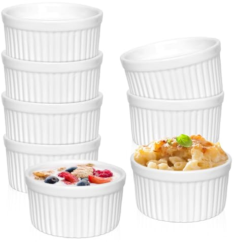 WENLISELL 8 PCS White Porcelain Ramekins 150ml, Porcelain Souffle Dishes, 5 oz Ceramic Ramekins for Pudding Custards Cakes