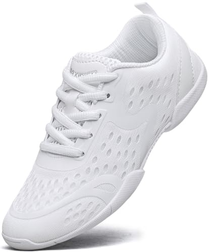 FUQIAO Girls White Cheerleading Shoes Breathable Youth Cheer Sneakers Cheerleader Competition Athletic Training Dance Tennis Shoes, White 4 Big Kid