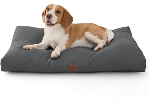 Bedsure Cama Perro Impermeable Grande - 89x56x8 cm Colchón Perro Lavable, Cama para Perros Grandes con Base Antideslizante - Ideal para Uso en Exteriores, Cómoda, Fácil de Limpiar, Gris, L-Crate