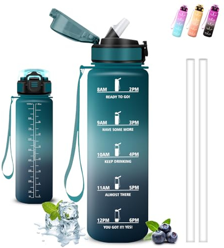 Borraccia 1 litro, Borraccia con Cannuccia, Senza Perdite, Bottiglia 1 litro Motivazionale, Facile da Pulire, Water Bottle con Orari per Bere, Con Chiusura di Sicurezza, per Campeggio, Corsa, Yoga