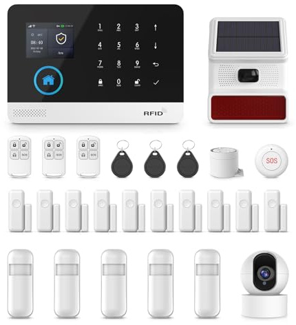 PGST WiFi Allarme casa, 4G Allarme Casa Senza Fili, Supporta SIM 4G,KIT Allarme con Sirena Esterna,Rilevatore di Movimento,Telecamera,Sensore Per Porte e Finestre Telecomandi,Compatibile con Alexa