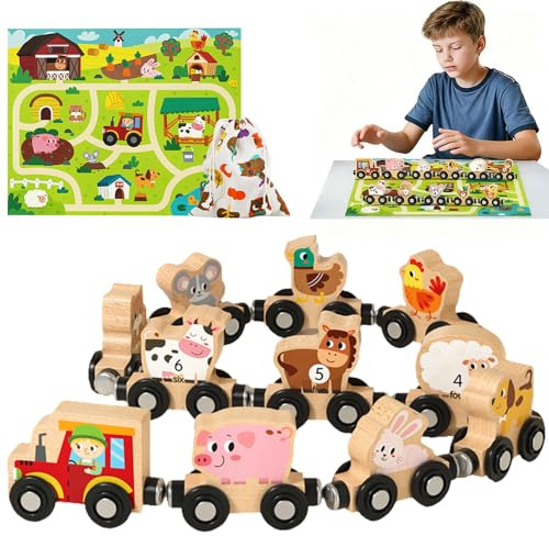 DAJASD Tren de Madera con Vagón de Animales, tre de Madera con Animales, Juguete Infantil tre Magnético Regalos para Niños 16+ Juguete Montessori Juegos Educativo