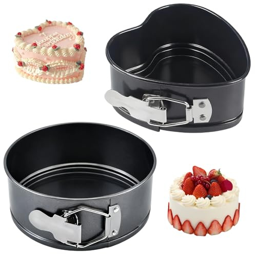 Youery Tortiera Apribile,Set da 2 Stampo per Torte Apribile (1 Cuore + 1 Rotondo) 4 pollici, con Fondo Rimovibile e Chiusura a Molla, in Acciaio al Carbonio, per Cottura Torte e Dolci