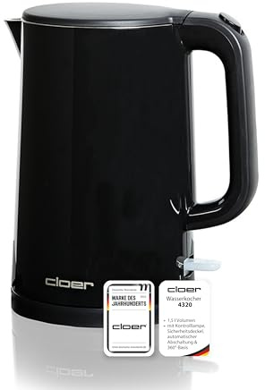 Cloer 4320 Wasserkocher 1,5 L,1500 W, Edelstahlbehälter & Deckel, automatische Abschaltung, Überhitzungsschutz, Einhandbedienung, Füllmengenmarkierung innen, Kontrollleuchte, Kunststoffgehäuse schwarz